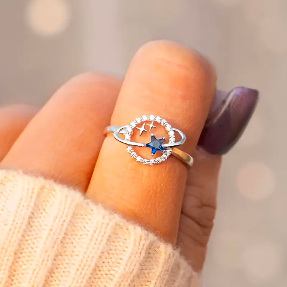 Star and Moon Ring, Planet and Star Ring, Cubic Zirconia Star and Planet Ring